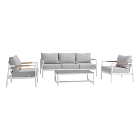 Armen Living Royal 4 Piece White Aluminum and Teak Outdoor Seating Set with Light Gray Cushions 840254332874